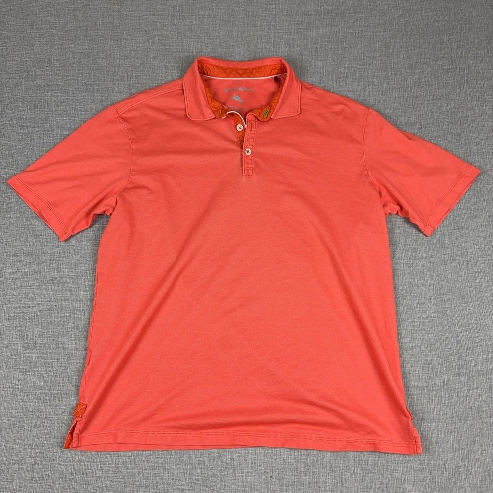 Tommy Bahama Polo Shirt‎ Mens Large Orange Cotton Polyester Spandex Short Sleeve